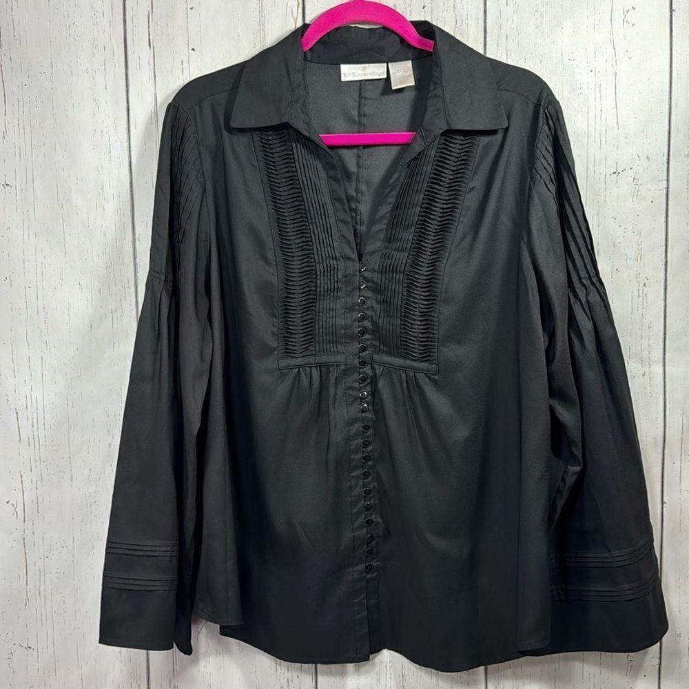 Soft Surroundings Black Pintuck Button Front Blouse Cottagecore Minimalist Soft